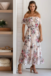 Pink Floral Off Shoulder Midi Dress