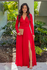 Red V Neck Maxi Dress With Slit