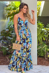 Navy Floral Maxi Dress With Tie Back