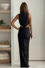 Black Waist Cut Out Mock Neck Maxi Dress