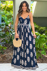 Navy And Taupe Printed Maxi Dress With Open Back