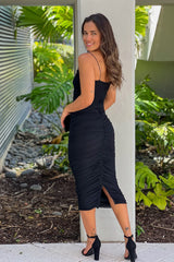 Black Ruched Midi Dress With Zipper Detail