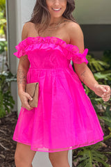 Pink Organza Puff Dress With Ruffle Detail
