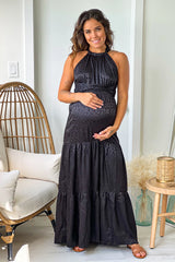 Black Animal Print Satin Maternity Maxi Dress