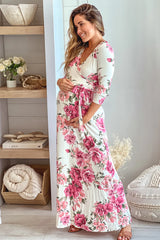 Cream Floral Maternity Maxi Dress with Tie Front