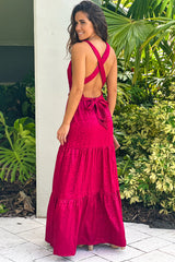 Burgundy Animal Print Satin Maxi Dress With Open Back