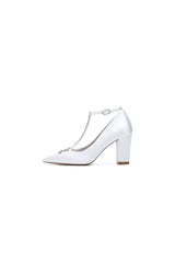 White Leather Pump with Silver Chain and Crystal Accent
