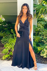Black Satin Maxi Dress With Criss Cross Back