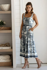 Charcoal Printed Square Neck Midi Dress