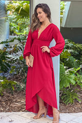 Burgundy Puff Sleeve Maxi Dress