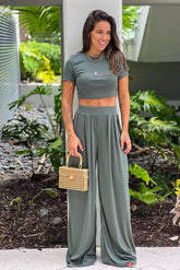 Forest Green Crop Top And Pants Set