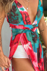 Red And Blue Printed Maxi Dress With Slits