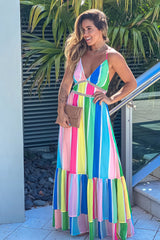 Blush Striped Multi Color Maxi Dress With Criss Cross Back
