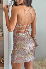 Pink Multi Color Sequin Short Dress With Strappy Back