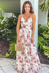 Cream And Peach Floral Maxi Dress With Lace Back
