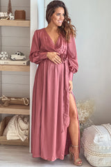 Dusty Mauve Satin Maternity Maxi Dress with Puff Sleeves