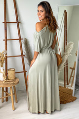 Sage Boat Neck Maxi Dress With Slit And Pockets