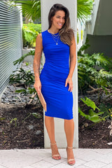 Royal Blue Mesh Ruched Midi Dress