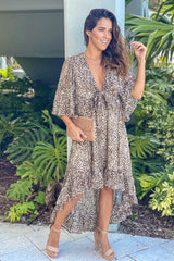 Leopard Front Tie Ruffled High Low Dress