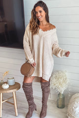 Cream Frayed V Neck Sweater Dress
