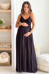 Black Crochet Top Maternity Maxi Dress with Frayed Hem