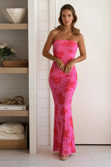 Pink And Red Double Back Strap Ruched Maxi Dress
