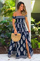 Navy Printed Off Shoulder Maxi Dress With Tie Waist