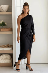 Black One Shoulder Ruched Bodycon Dress