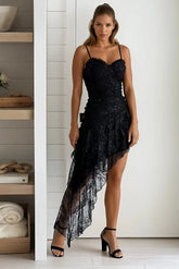 Black Lace Asymmetrical Hem Ruffle Mini Dress