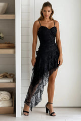 Black Lace Asymmetrical Hem Ruffle Mini Dress