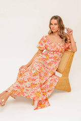 ISLAND FLOWERS PUFF SLEEVE MIDI DRESS CORAL