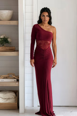 Burgundy One Shoulder Maxi Dress With Lace Detail