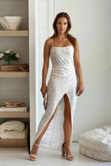 White And Gold Sequin Lace Front Overlap Maxi Dress
