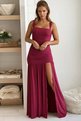 Wine Jersey Ruched Maxi Dress With Slit