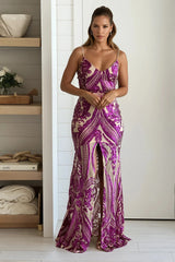 Nude And Fuchsia Sequin Maxi Dress With Front Slit