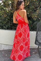 Red Printed Maxi Dress With Crochet Waist