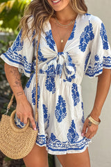 Off White Printed Romper With Cut Out