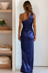Navy Drape Satin One Shoulder Maxi Dress