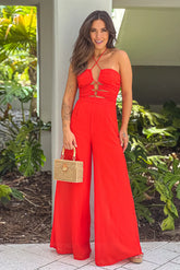 Red Jumpsuit With Detailed Cut Out Halter Top
