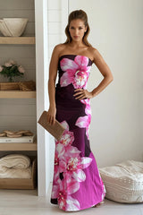 Burgundy And Pink Floral Strapless Maxi Dress