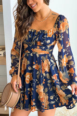 Navy And Cream Floral Short Dress With Tie Back