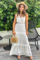 Off White Swiss Dot Maxi Dress with Crochet Detail