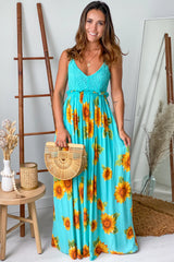 Aqua Floral Maxi Dress With Open Back