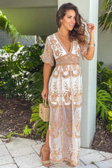 White Multi Color Lace Maxi Dress
