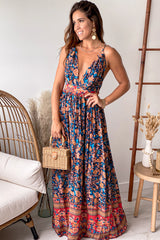 Navy Printed V Neck Maxi Dress