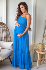 Blue Maternity Maxi Dress with Strappy Back