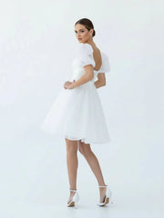 A Line Square Neck Short Wedding Dress With Puffy Pearls Sleeves