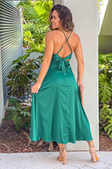 Hunter Green Satin High Low Dress With Criss Cross Back