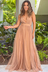 Taupe Mesh V Neck Maxi Dress