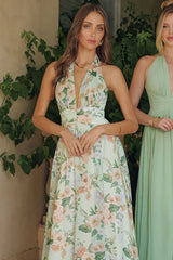 CHEYENNE GOWN SAGE FLORAL CHIFFON HALTER DRESS